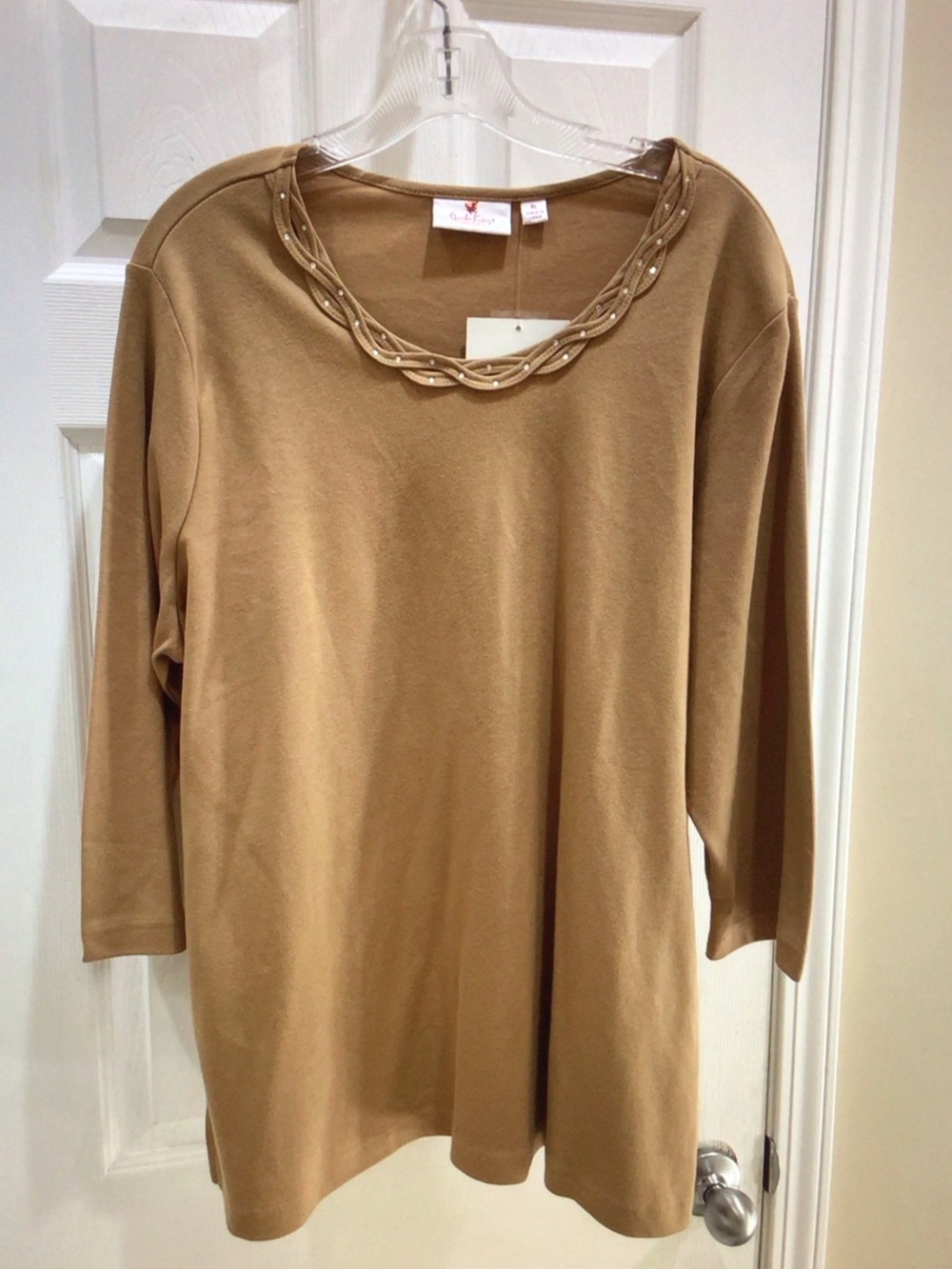 Quacker Factory Tan Embellished Neckline Women's Top